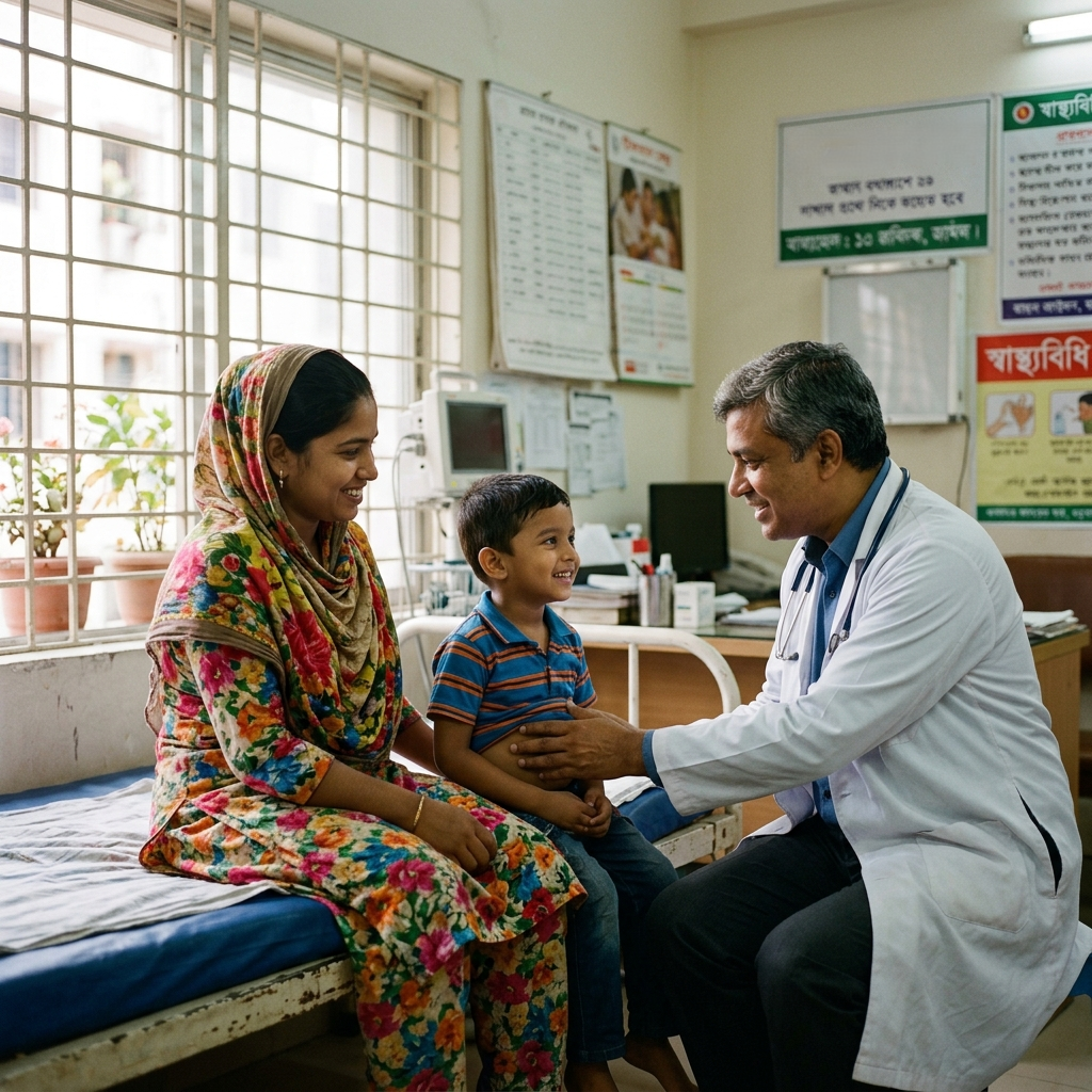 Expert surgeon consulting a child patient for cleft lip and palate corrective surgery at Shilmoon Specialized Hospital